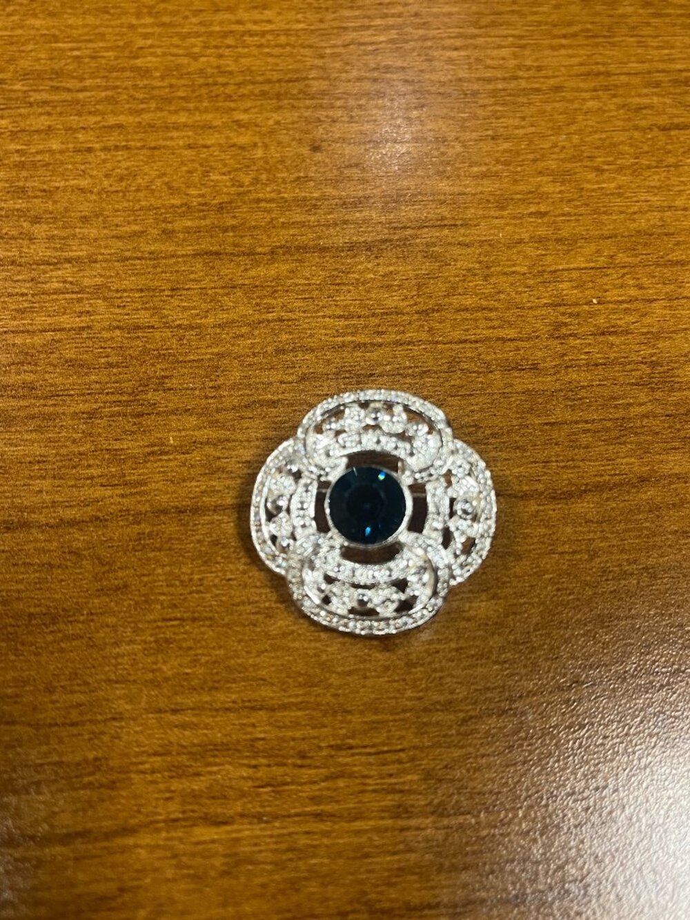 Vintage Silver Tone Rhinestone Brooch Blue Crystal Filigree Floral Pin